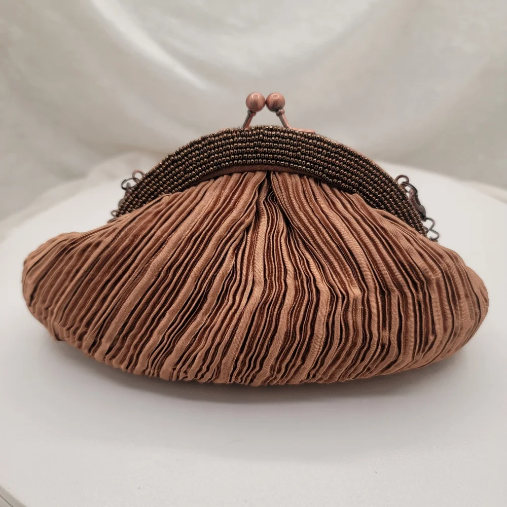 Carlo Fellini Bronze Pleated Satin and Beaded Bag Purse - Picture 3 of 6